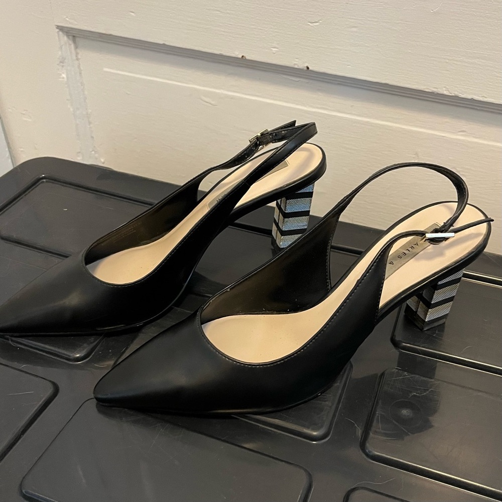 Charles & Keith Black Slingback Heels with Patterned Block Heel